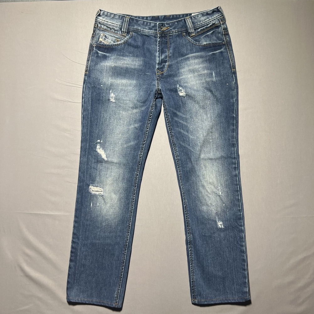 Diesel Krooley Jeans Mens‎ 34x29 Blue Distressed Denim Straight Leg Skull Patch